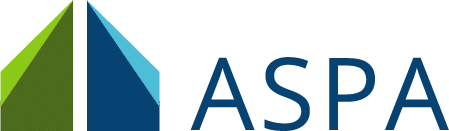 ASPA Logo - green Isosceles triangle and blue Isosceles triangle + the letters ASPA