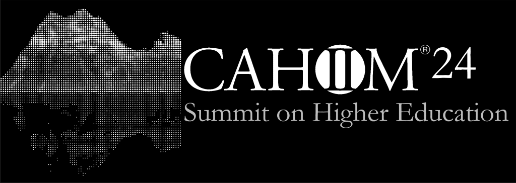 dot-matrix picture of a mountain with the words "CAHIIM 24" and "Summit on Higher Education"